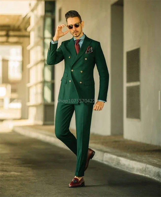 2 Piece Green Wedding Tuxedo Men Suit Peak Lapel Slim Fit Double Breasted Groom Wear Formal Party Prom Blazer (Jacket+Pants)