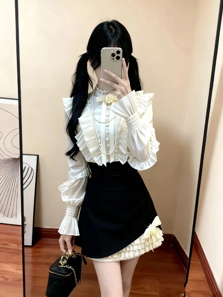 

Осенний милый комплект принцессы из 2 предметов, женский винтажный комплект Y2k с оборками, блузка с длинными рукавами, топы, мини-юбки с высокой талией, элегантный женский наряд