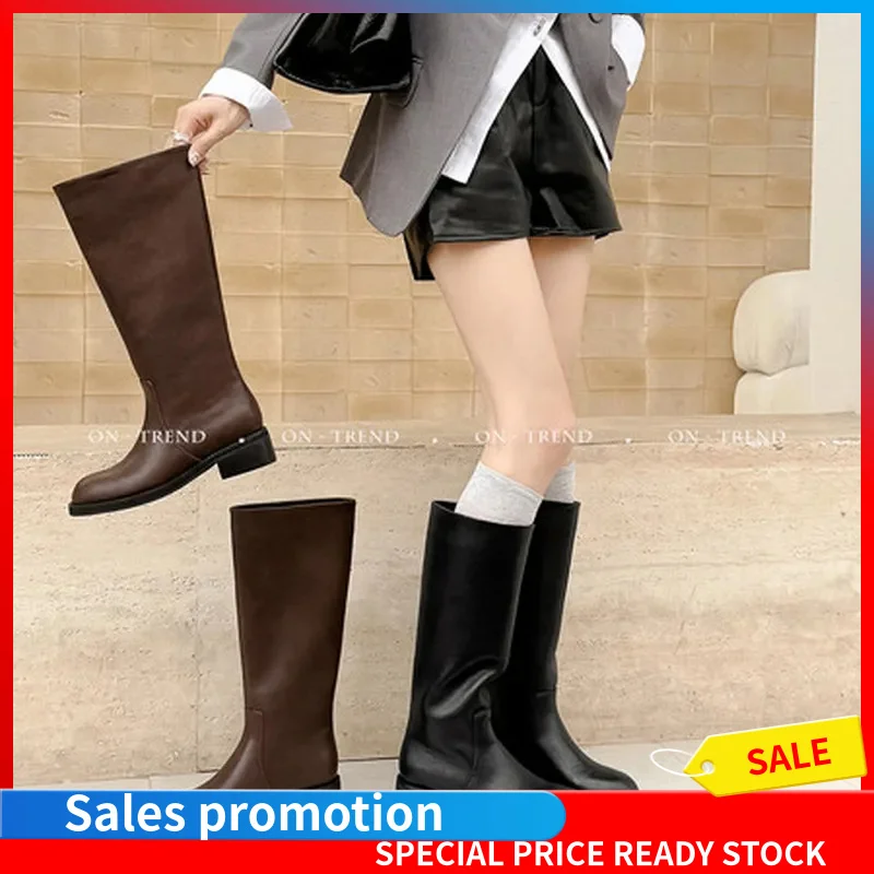 Streetwear Round Toe Straight Knee High Boots For Women Block Mid Heel Split Coated Cowhide Fabric/Fleece Lined Pigskin F228