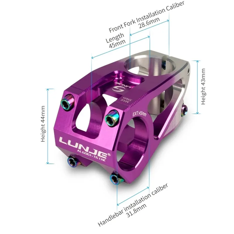 LUNJE CNC Bicycle Handlebar Stem Mtb Power Short 35mm 43mm 45mm Mountain Bike Bridge 31.8 Pipe Cycling Stem Riser Table