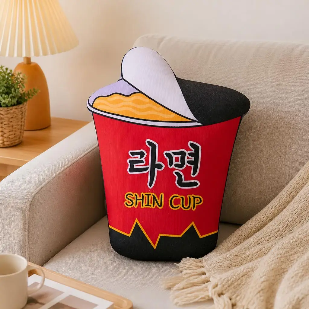 Korean Ramen Noodle Cup Shaped Stuffed Throw Pillow Instant Noodle Cushion Asian Food Kitchen Decor Sofa Accent Gift Idea