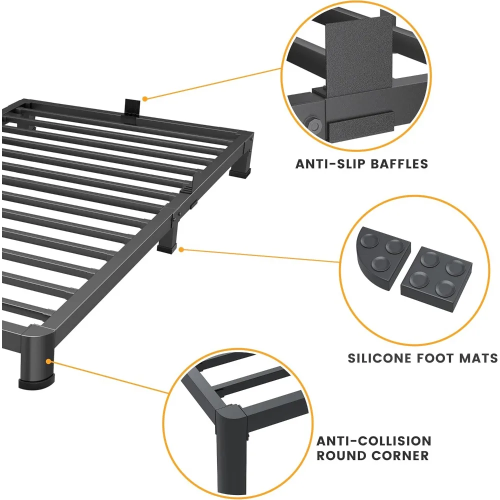 Cadre de lit double de 4 pouces à profil bas, cadre de lit à plate-forme en métal robuste avec pieds d'angle ronds, base de matelas robuste, sans Bo