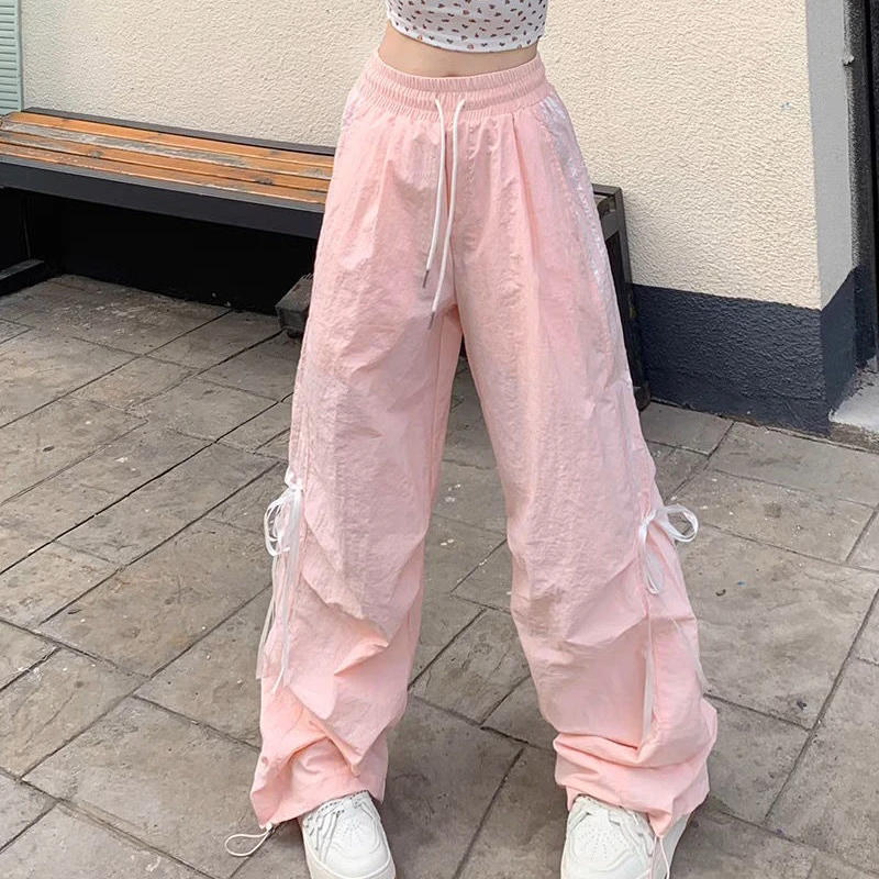 QWEEK Y2k Oversized Striped Cargo Pants Women Harajuku Casual Sweet Bow Baggy Summer Wide Leg Thin Trousers America Style Street