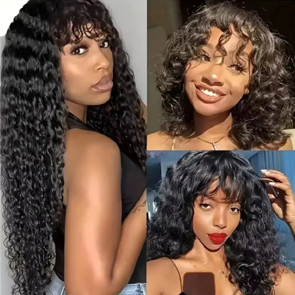 32 Inch Water Wave Human Hair Wig with Bangs 1x3 Full-Machine Made 250% Density Natural Color Wig for Women