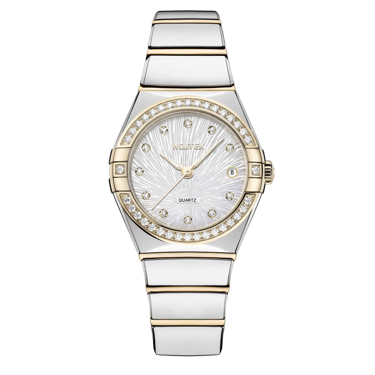WOJTEK Women Quartz Wristwatch Two‑Tone Rose Gold Steel Band Green Dial Diamond Bezel Date Luminous Waterproof Luxury Watch Gift