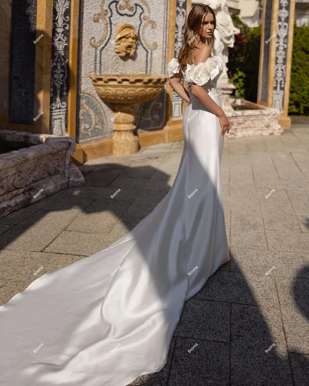 Booma-vestidos de novia de sirena con hombros descubiertos para mujer, vestidos de novia con flores 3D, abertura lateral alta, vestidos de novia de tren cuadrado a medida