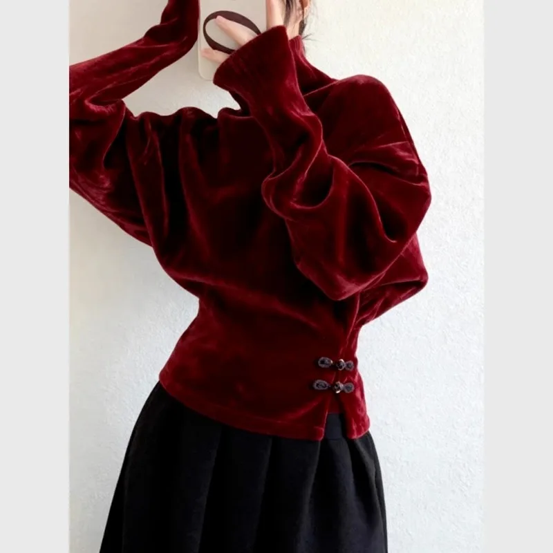 Chinese National Style Christmas and New Year Burgundy Button-down Slit-neck Velvet Top Women's Winter Bottoming Shirt Exquisite