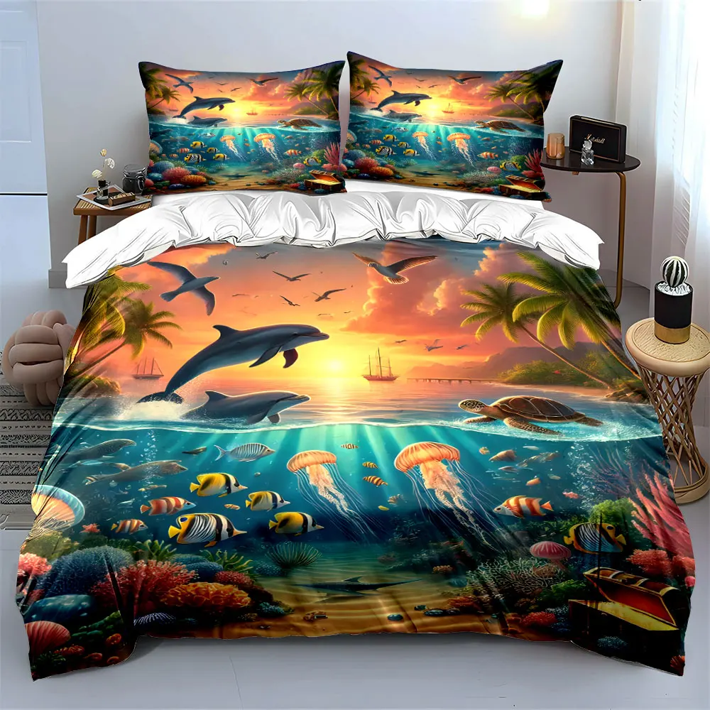 Ocean-themed underwater scene. Print Bedding Set 1 Duvet Cover 2 Pillowcases for Adult and Children Luxury Gift Full Size