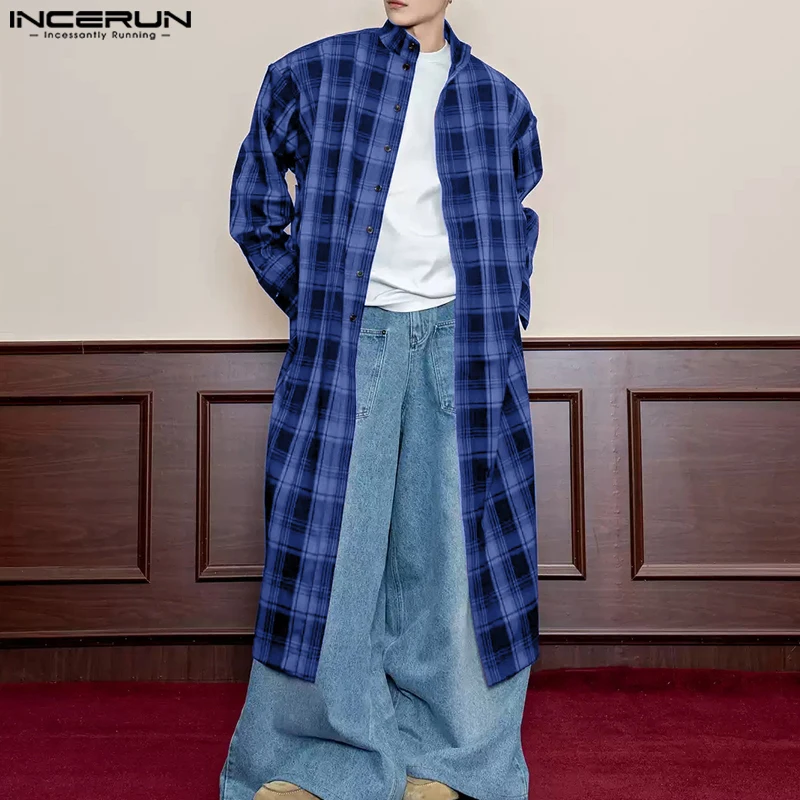 

2024 INCERUN, рождественские рубашки макси в сетку, мужские повседневные блузки с воротником с лацканами и длинными рукавами, красивая блузка в стиле Харадзюку с цветными блоками