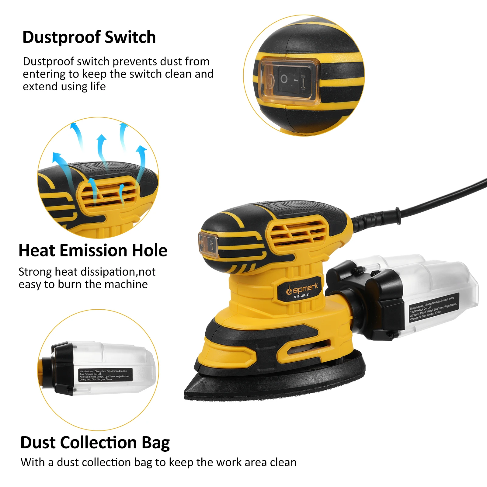 Detail Sander 13,000 OPM Compact Electric Sander with Dust Collector 220W 1.6Amp Power Sander with 20PCS Sanderpapers and Transp
