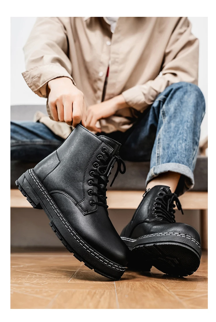 Britischer Stil Schwarze Hohe Arbeitsstiefel, Plattform-Höhenverstellbare Knöchelstiefel für Outdoor & Pendeln – Detail 11