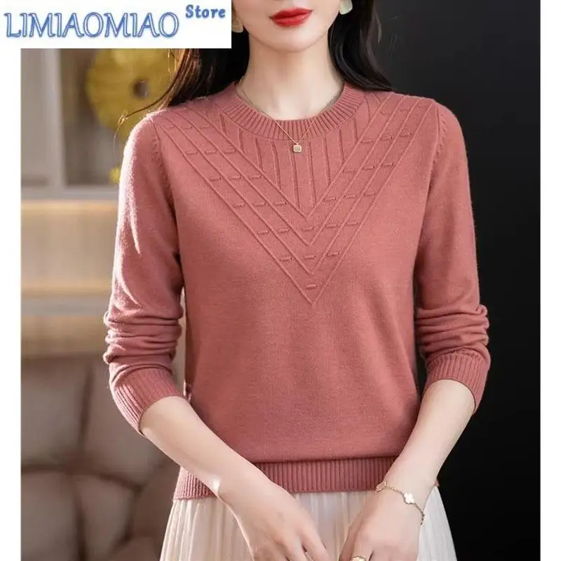 

New Spring and Autumn Fashion Korean Edition Solid Jacquard Round Neck Loose and Versatile Western Style Slim Women's Sweater