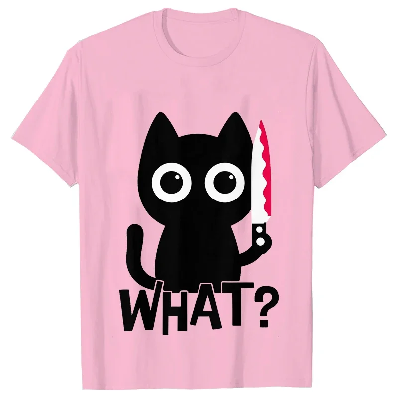 Women's Funny Cat What Print Tee Shirts Casual Female T Shirt Murderous Cat & Knife Halloween Humor New Design Women Tshirt