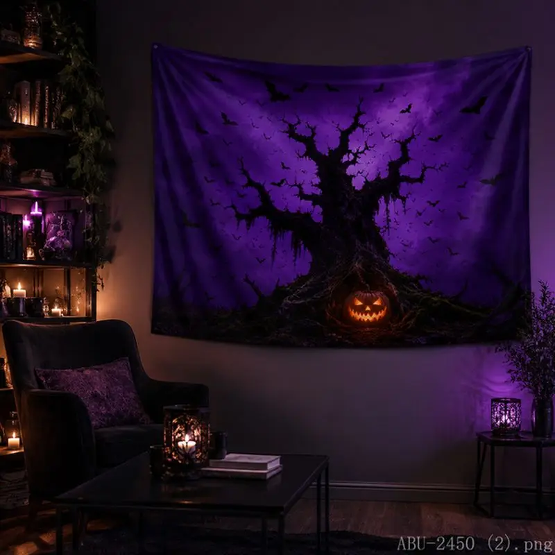 VIKAMA Gloomy Ancient Tree Owl Pumpkin Spider Web Halloween Tapestry Tea Room Tranquil Atmosphere Living Room Decoration