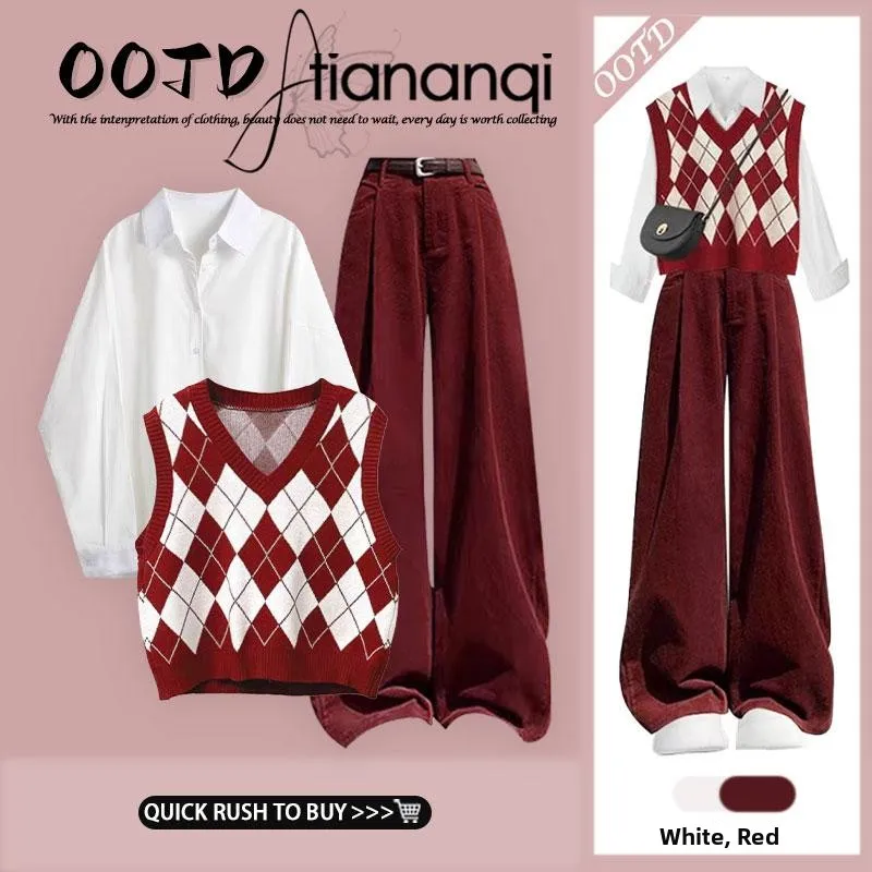 

Retro High Waist Straight Leg Pants Tee Piece Set with V-Ne Diamond Patterned Vest And White irt Women's Faion Ensemble
