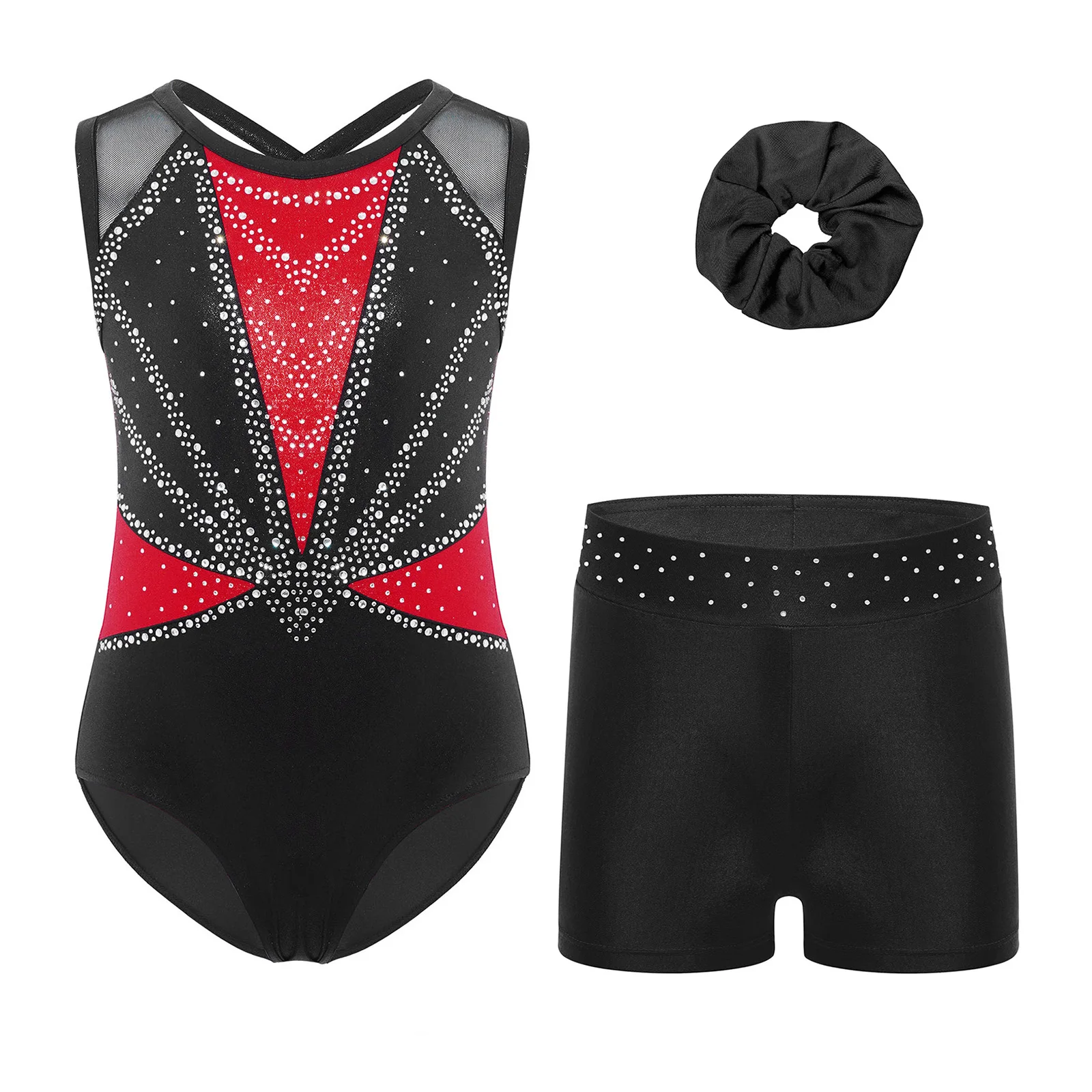 

Kid Girl Ballet Jersey Athletic Gymnastics Skating Dance Performance Costume Sleeveless Rhinestones Leotard+Shorts+Hairband Suit