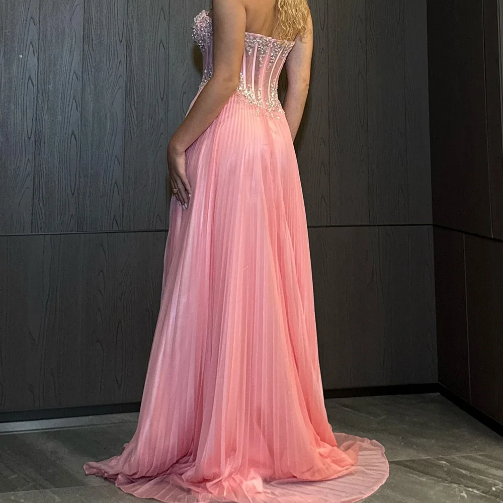 Customized A-Line Evening Dresses Floor-Length Strapless Sleeveless Prom Gown Fashion Crystal Simple Draped Backless Party Gown