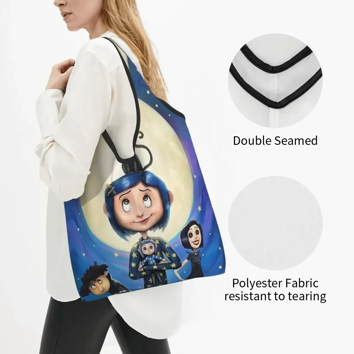 Halloween Horror Movie Coraline Groceries Shopping Tote Bag Women Custom Shopper Shoulder  Big Capacity Handbag