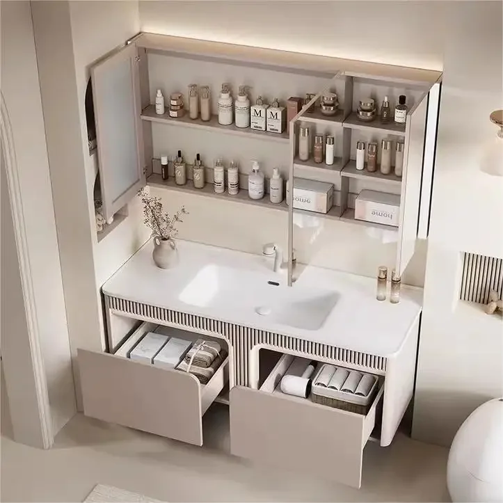

z Luxury European Modern Style Wall Mounted Floating Bathroom Customization PVC/ Plywood Vanity With Lighted Mirror Makeup Tabl