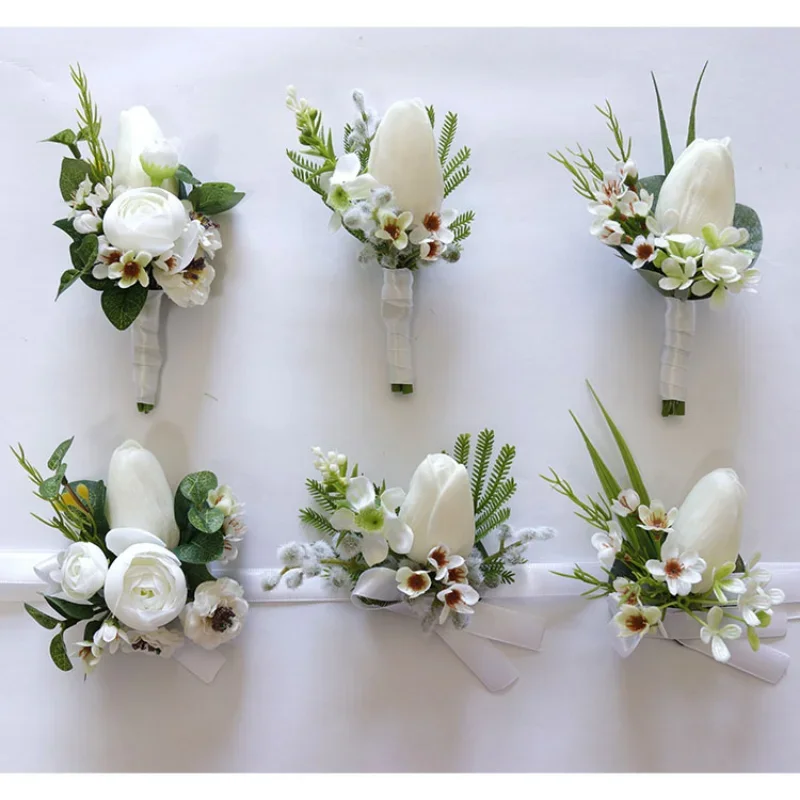 สีขาว Boutonniere ข้อมือ Corsage เพื่อนเจ้าสาวงานแต่งงานตกแต่งเจ้าสาวดอกไม้อุปกรณ์เสริม de mariage