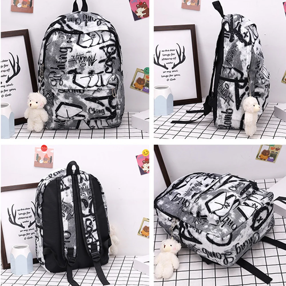 Tas punggung nilon wanita, ransel murid kasual motif grafiti kapasitas besar tahan air