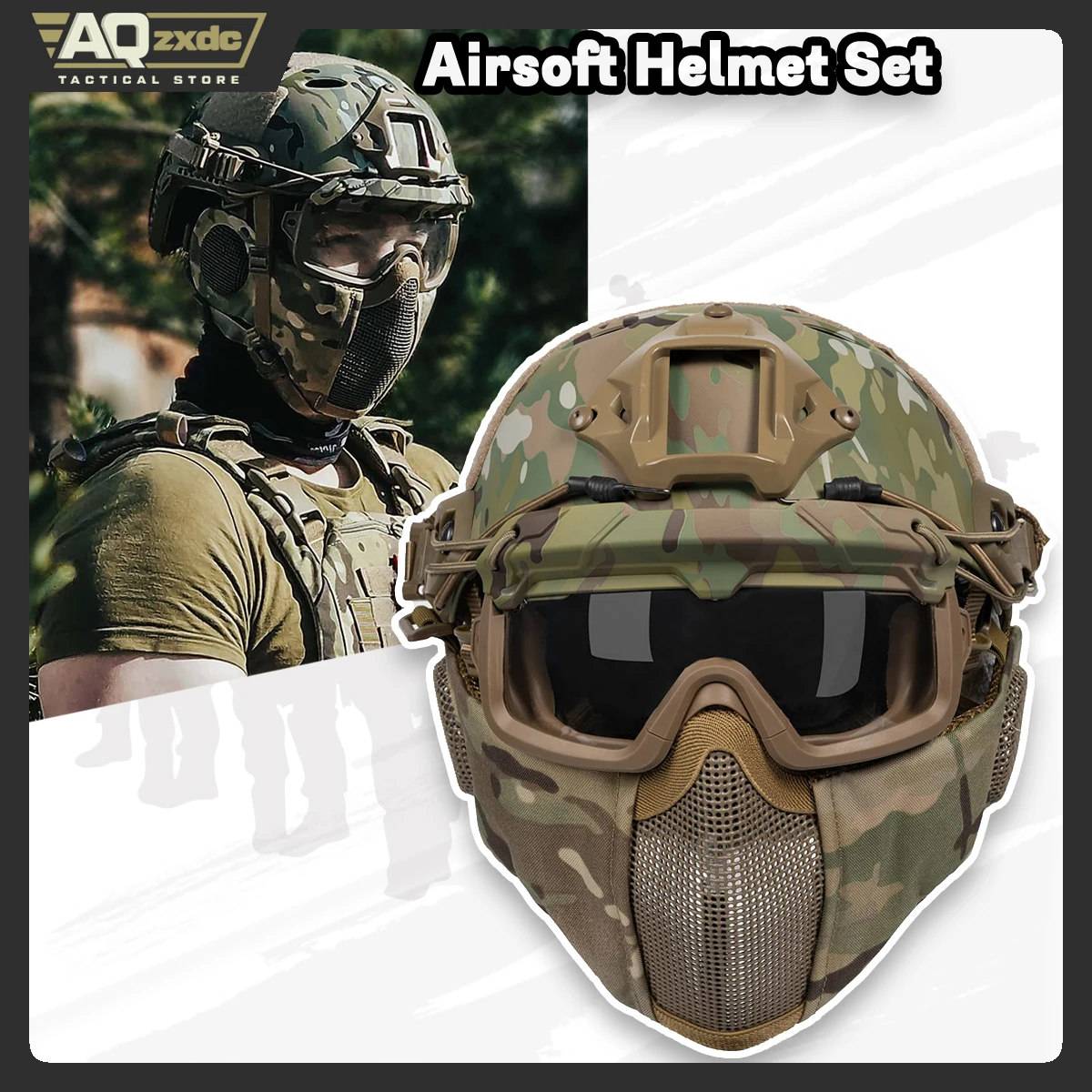 Casco táctico Airsoft rápido de cara completa con máscara y gafas