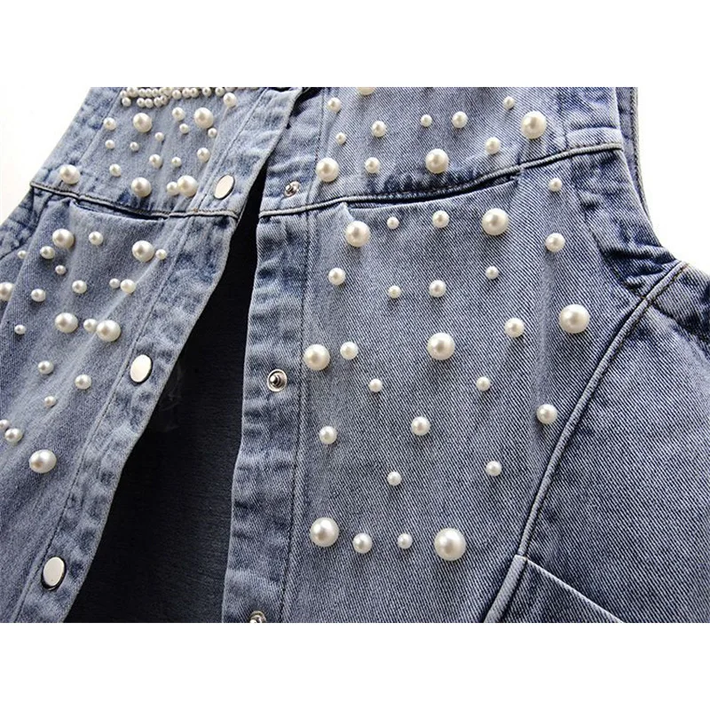 Summer Women's Beaded Denim Vest Coat Sleeveless Tops Cropped Streetwear Jean Jacket Korean Fashion Waistcoat 2023 New