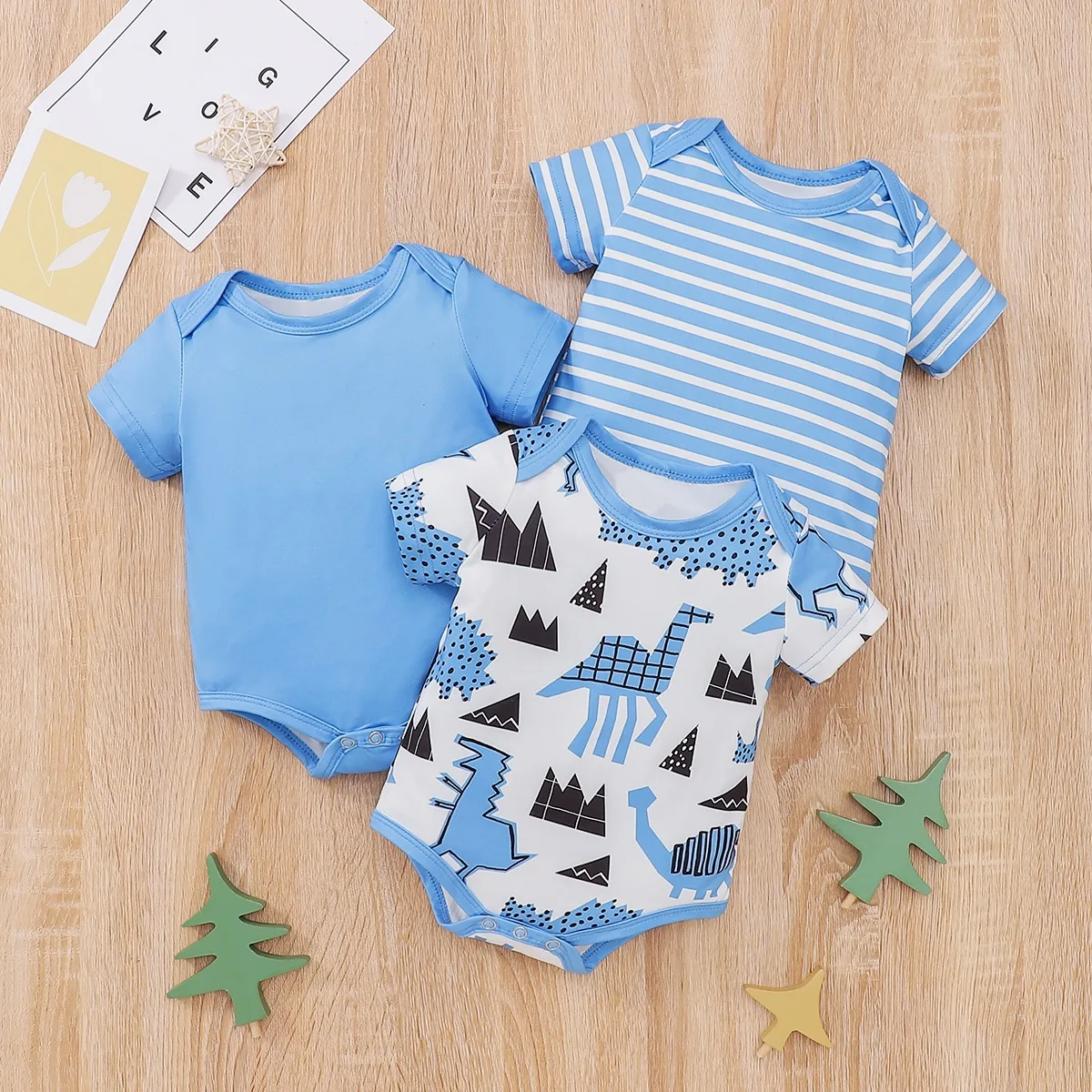 3PCS Spring Summer Autumn Round Neck Short Sleeve Cartoon Pattern Romper Fashion Loose Fit Infant Toddler