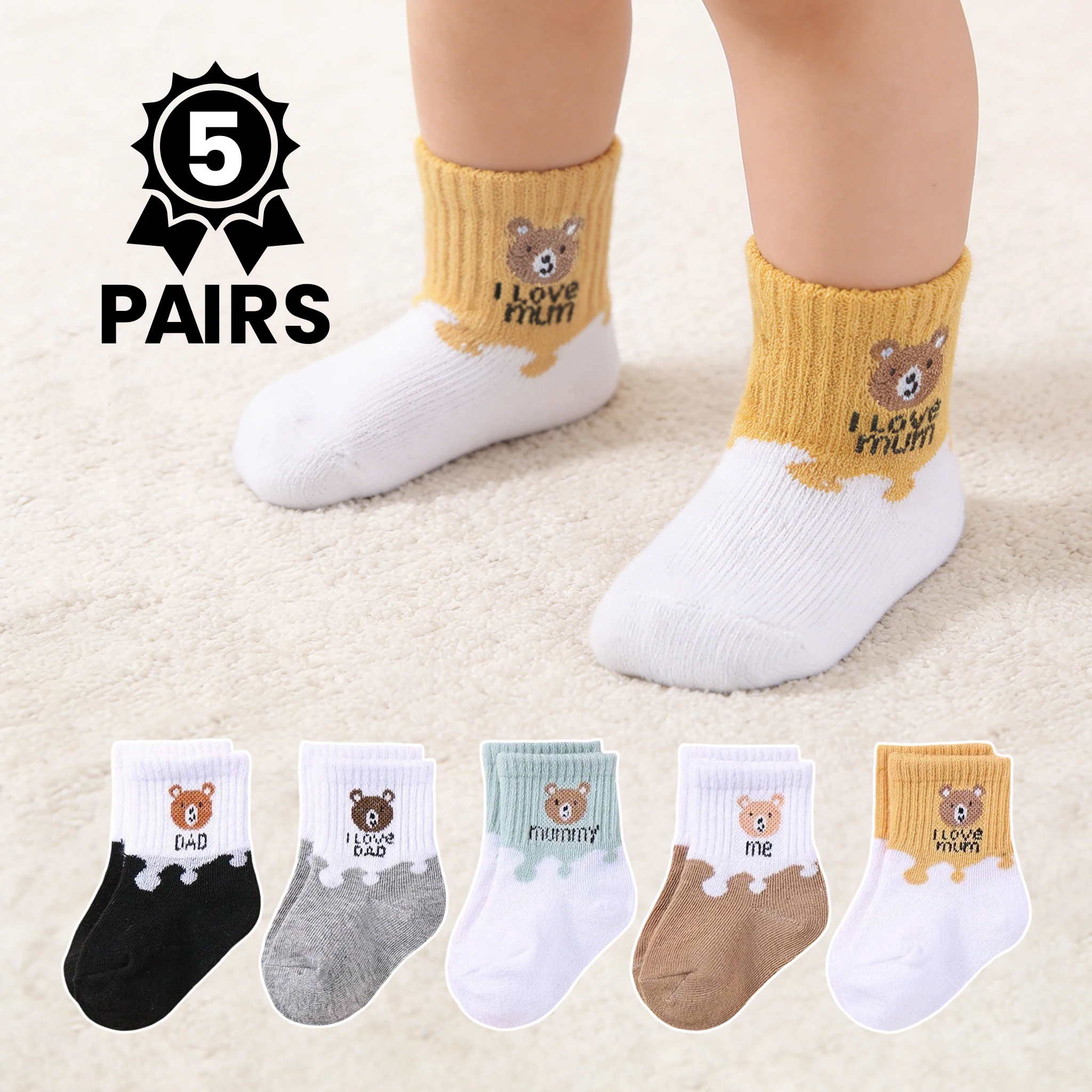 5 Paar Kindersocken mit Cartoon-Bärenmuster, vielseitige und bequeme Wadensocken, geeignet für alle Jahreszeiten