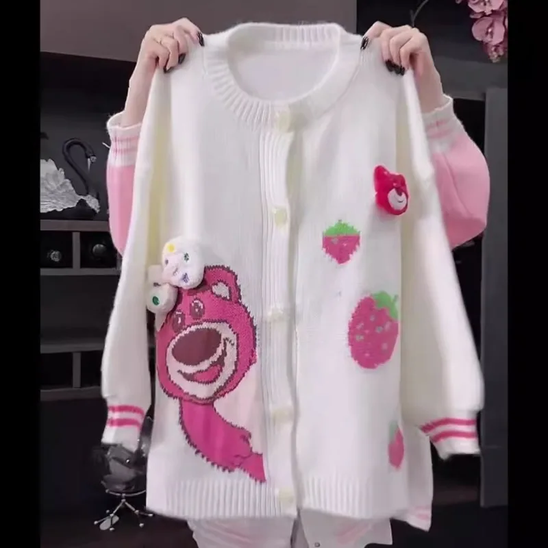 Suéter Lotso de dibujos animados de Disney para niñas, moda de otoño e invierno, chaqueta superior holgada informal elegante y versátil de manga larga