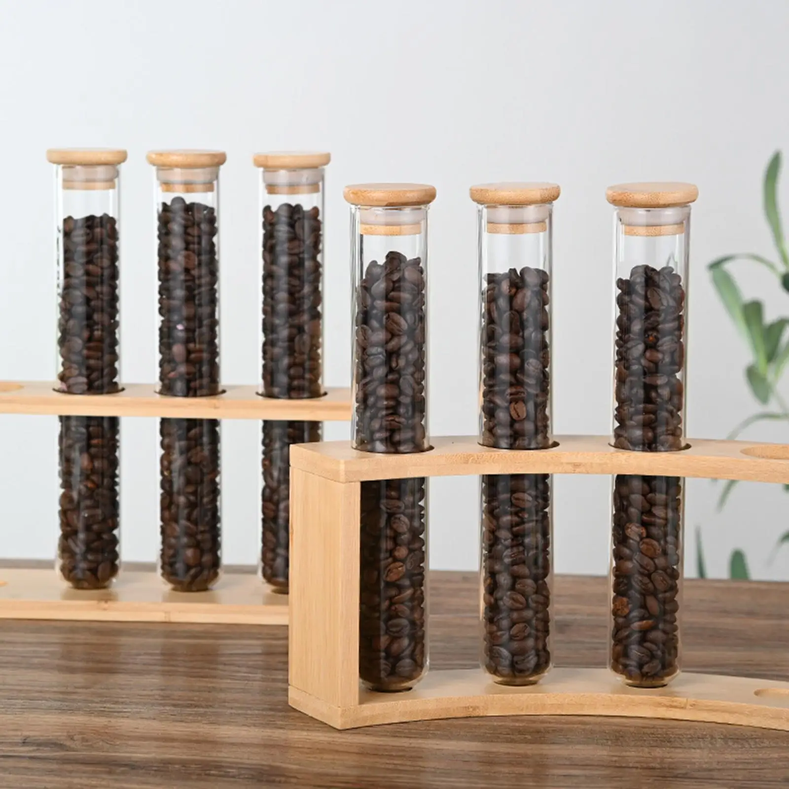 Clear Glass Coffee Bean Storage Jar Set with Wooden Display Stand for Kitchen Organization