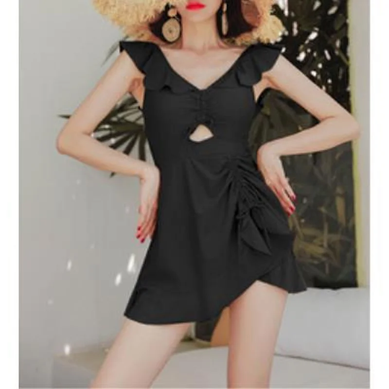 2023 New Summer Fashionable Bohemian V-neck Padded Sexy Ruffled High Waited Slim Fit Cover Belly Solid One Piece Skirt Swimwear