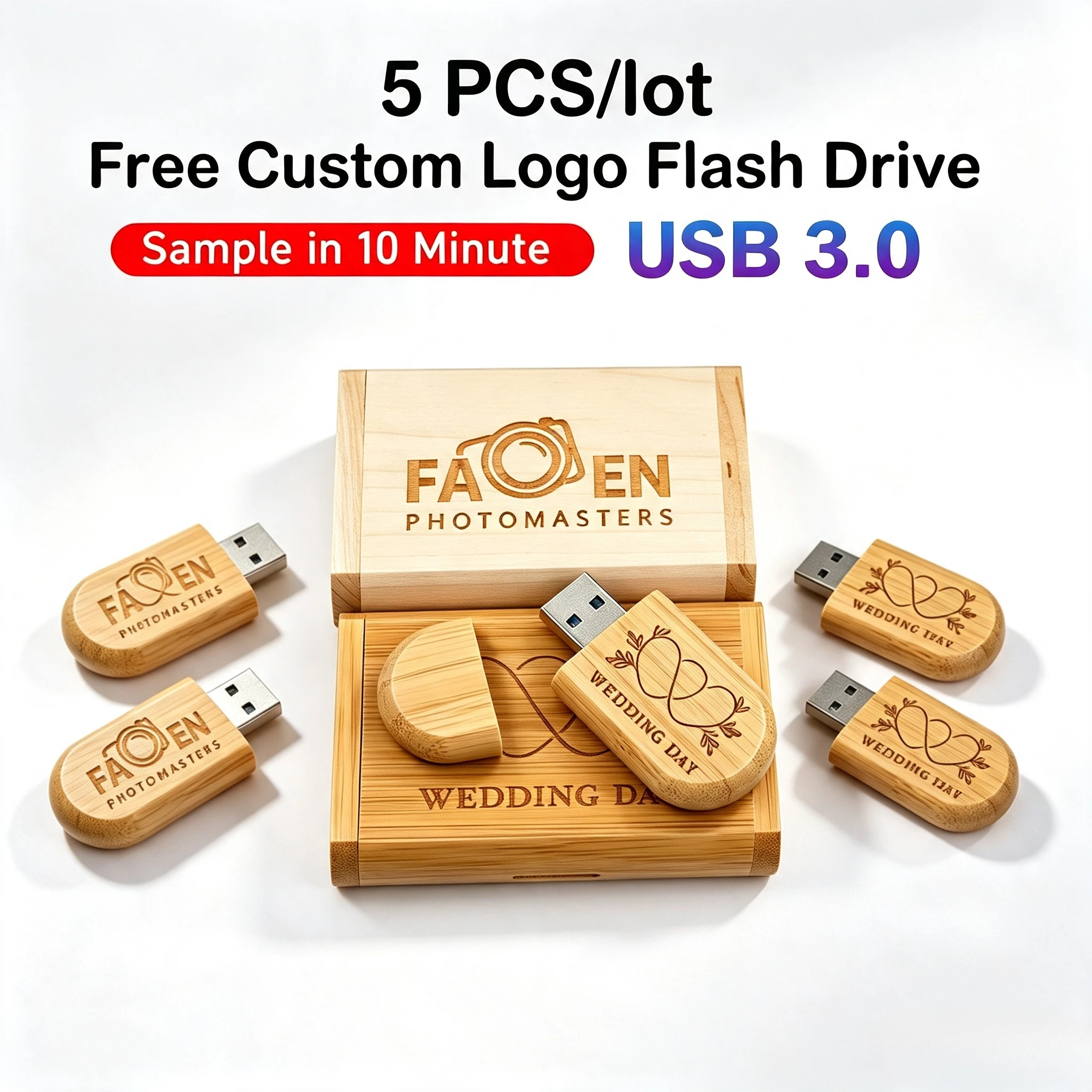 5PCS Free Custoim LOGO Wooden + Box USB3.0 Pen Drive 4GB 16GB 32GB 64GB Flash Drive Memory Stick Wedding Photography Gift U Disk
