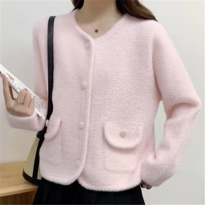 Design Sense of Women's Mink Velvet Coat 2025 Spring Autumn Female Padded Ladies Fragrance Jacket Knitted Cardigan Overcoat