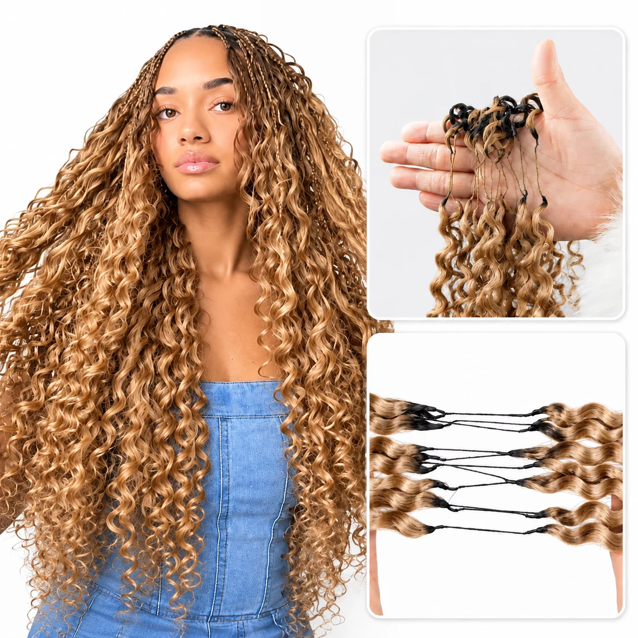 #27 Color Deep Wave Feather Crochet Human Hair Extensions Miracle Knots Pre Separated Knotless Braiding Hair With String Soft Natural Curls Boho Crochet Braids Lightweight Reusable Hair 60g/60 Strands For Women