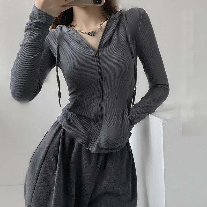 Gothic Streetwear Oversized T Shirts Women Zip Up Hooded Cardigan Sports Solid Long Sleeve Grey Tight Cropped Tops Tracksuit