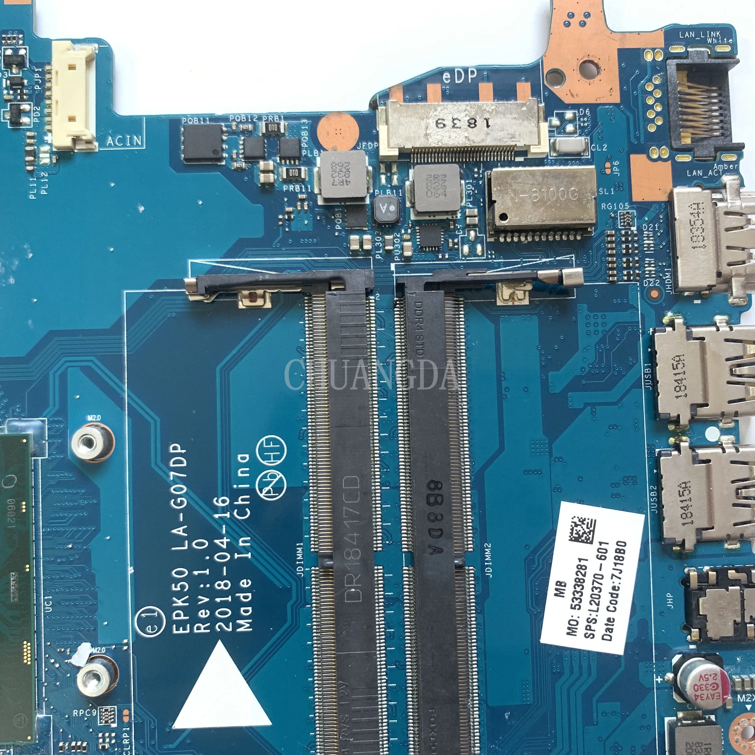 For HP Pavilion 250 G7 15T-DA 15-DA Laptop Motherboard With I3 I5 I7 CPU EPK50 LA-G07DP LA-G07EP L20370-001 L20370-601