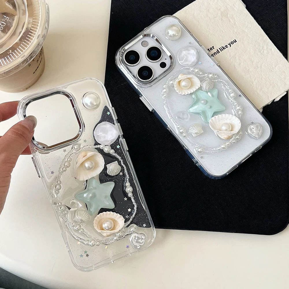 Niedliche 3D-Handyhülle mit Seestern, Schleife und Muschel für iPhone 18 17 16 15 14 13 12 11 Pro Max, glitzernde Pailletten, stoßfeste weiche Silikonhülle – Detail 7