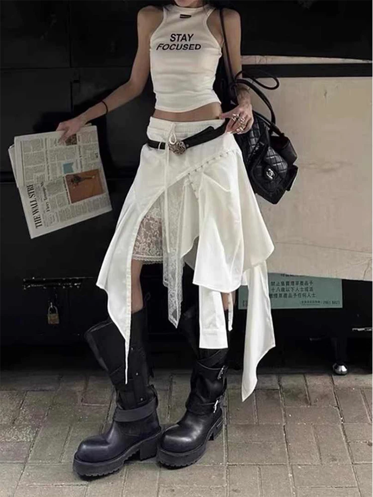 Frauen Midi Unregelmäßigen Rock Koreanische Süße Kpop Gyaru Coquette Y2k Harajuku Design Spitze Patchwork Split High Street E-mädchen neue