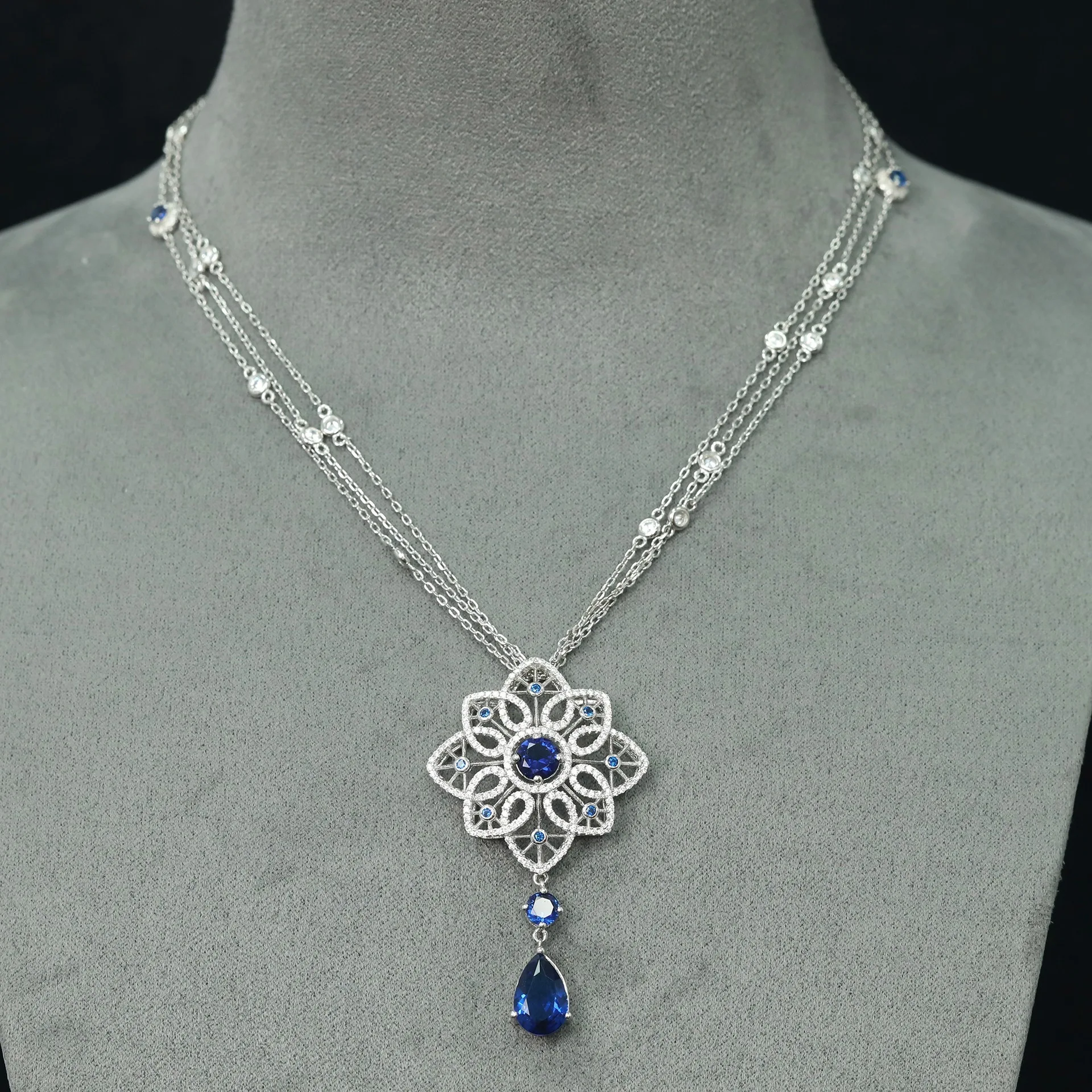 Novo colar banhado a ouro prata s925, joias de renda oca azul real da família xiao, colar feminino, joias de casamento