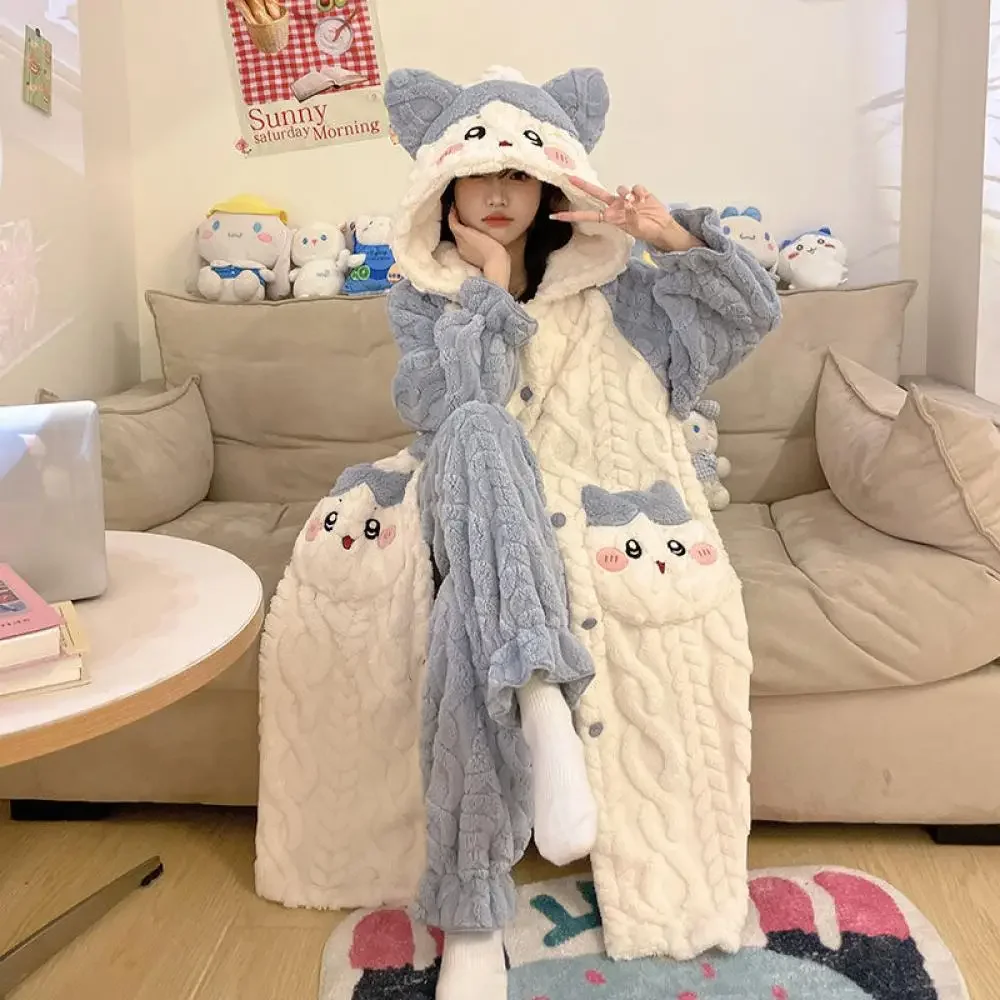 Kawaii Chiikawa 2Pcs Women Plush Pajamas Suit Cartoon Cute Anime Kawaii Winter Warm Loungewear Thicken Girls Cute Homewear