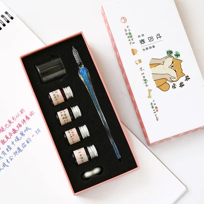 1 Set Handmade Glass Pen Dipped In Water Crystal Pen Student Gift Box Set Fountain Pen Ink Stationery
