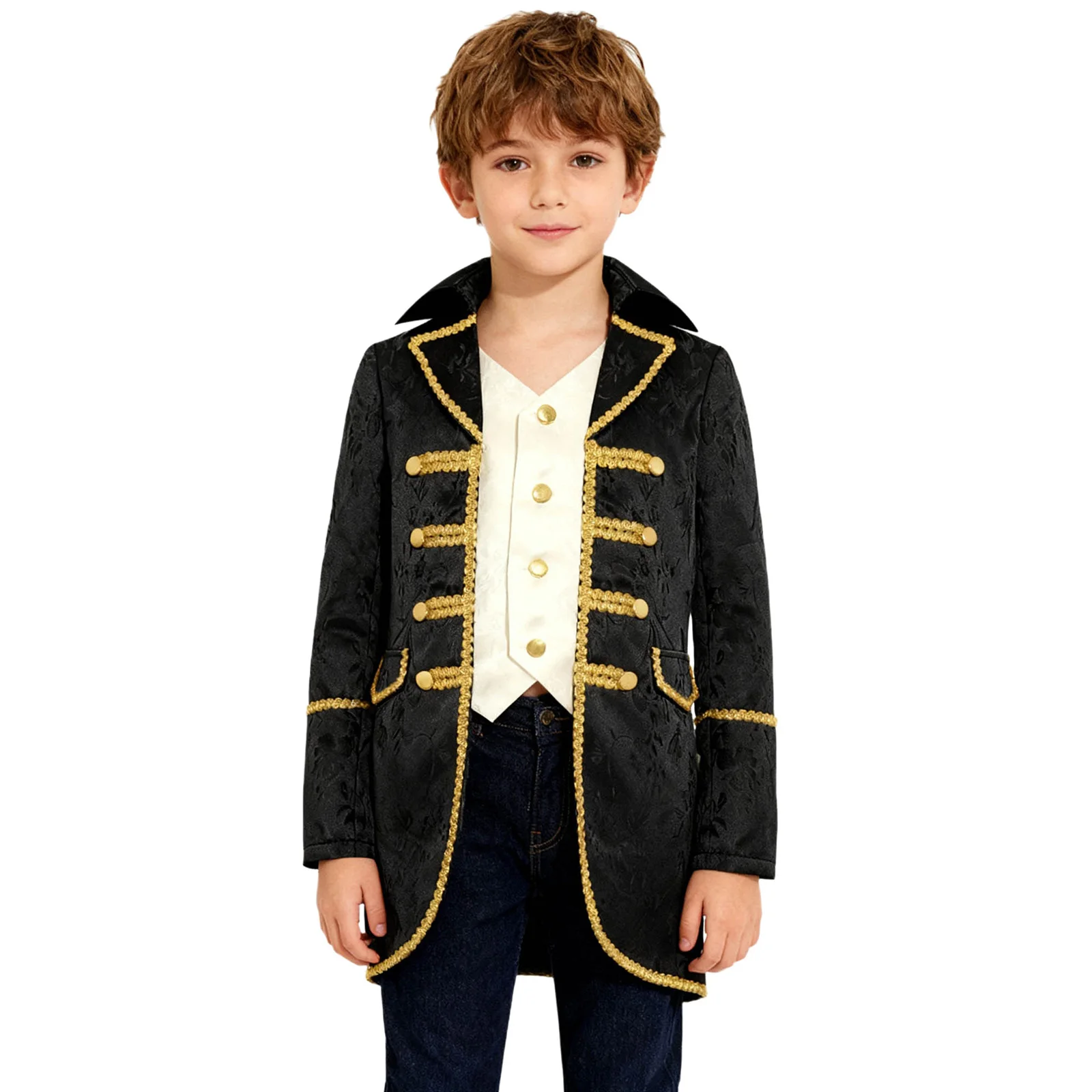 

Boys Medieval Victorian Prince Costume Jacket Long Sleeves Gold Trim Steampunk Gothic Uniform Coat Top Halloween Cosplay Costume