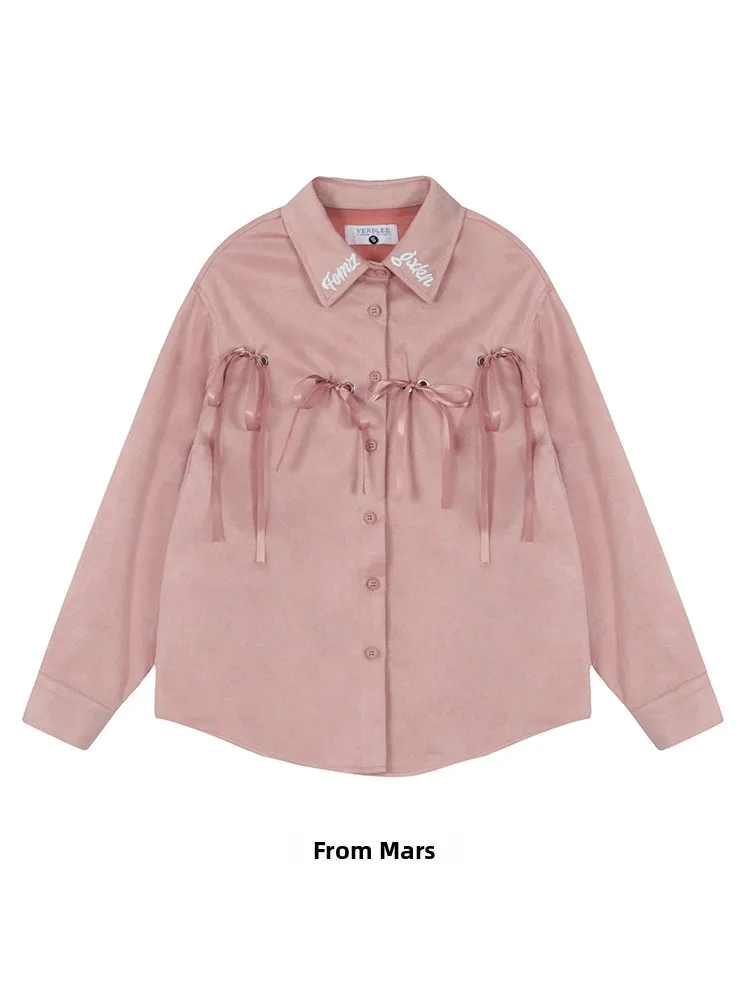 

Loose Fit Knot Embroidered irt from Gentle Sweet Japanese Sle 3D Embroidery Stand Collar Long Sve irt