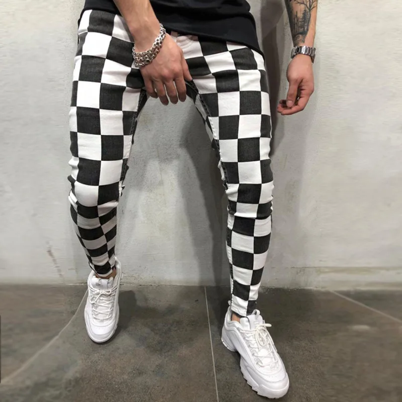 Men's Fashionable Black And White Striped Checkered Trendy Pants Sports Slimming And Fitness Training Pants