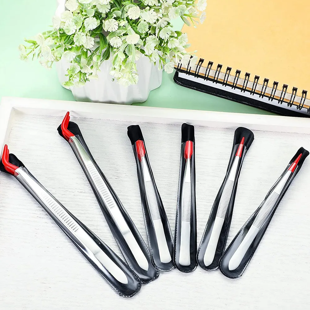 6Pcs Tweezers With Rubber Tips Set Soft PVC Rubber Coated Tips Bent And Straight Flat Tip Precision Bent Long Tweezers