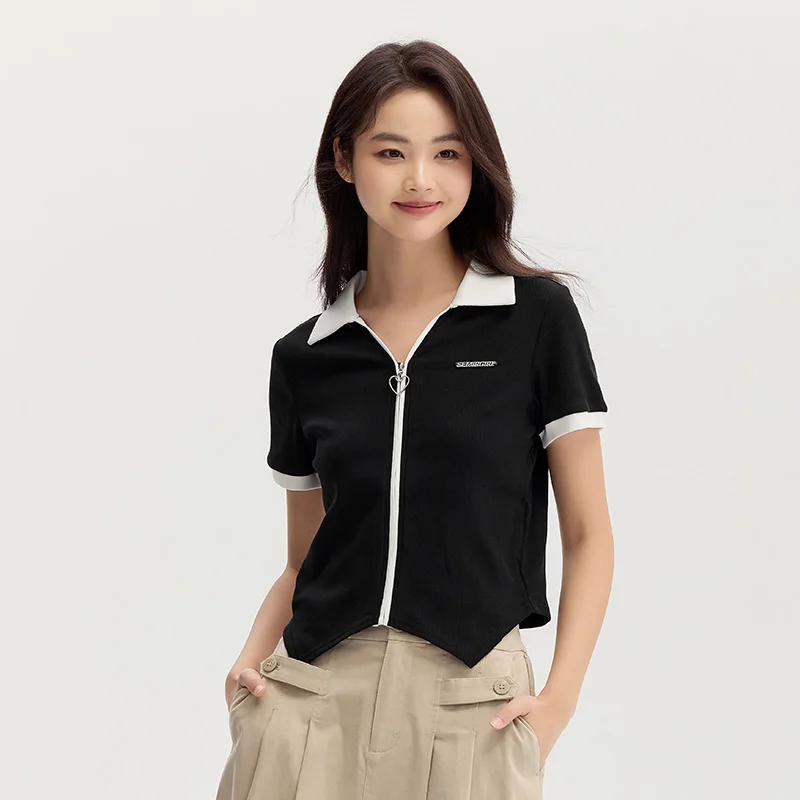 Semir Polo Shirt Women Short Crop Petite Sweet Cool Style Letter Fashion Autumn Temperament Slim Contrasting Color Elegant Top