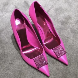 Crystal Studded Square Fuchsia Pumps Stiletto Shoes Women Hot Pink Leather Pointed Toe Shallow High Heel Slip On Banquet Shoes