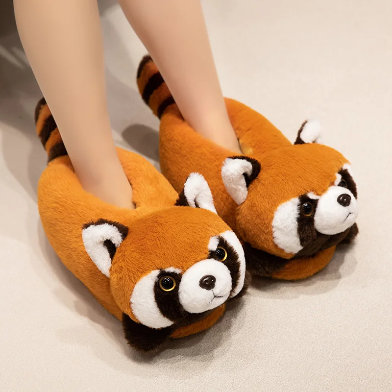 Cute Raccoon Slippers Women Winter Warm Plush Furry House Shoes Closed Toe Non slip Soft Sole Indoor Bedroom Slides Size 36-41