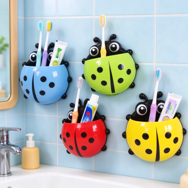 4pcs Cute ladybug-shaped toothbrush holder, suction cup-style creative toothpaste holder, bathroom nail-free storage rack